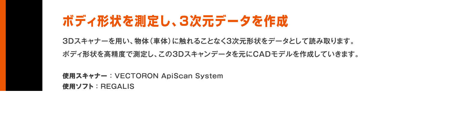 ボディ形状を測定し、3次元データを作成 / 3Dスキャナーを用い、物体（車体）に触れることなく3次元形状をデータとして読み取ります。ボディ形状を高精度で測定し、この3Dスキャンデータを元にCADモデルを作成していきます。使用スキャナー ： VECTORON ApiScan System / 使用ソフト ： REGALIS